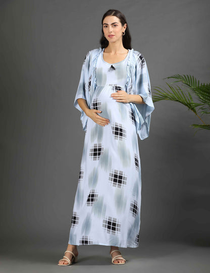 Blue-Colored Maternity Long Gown