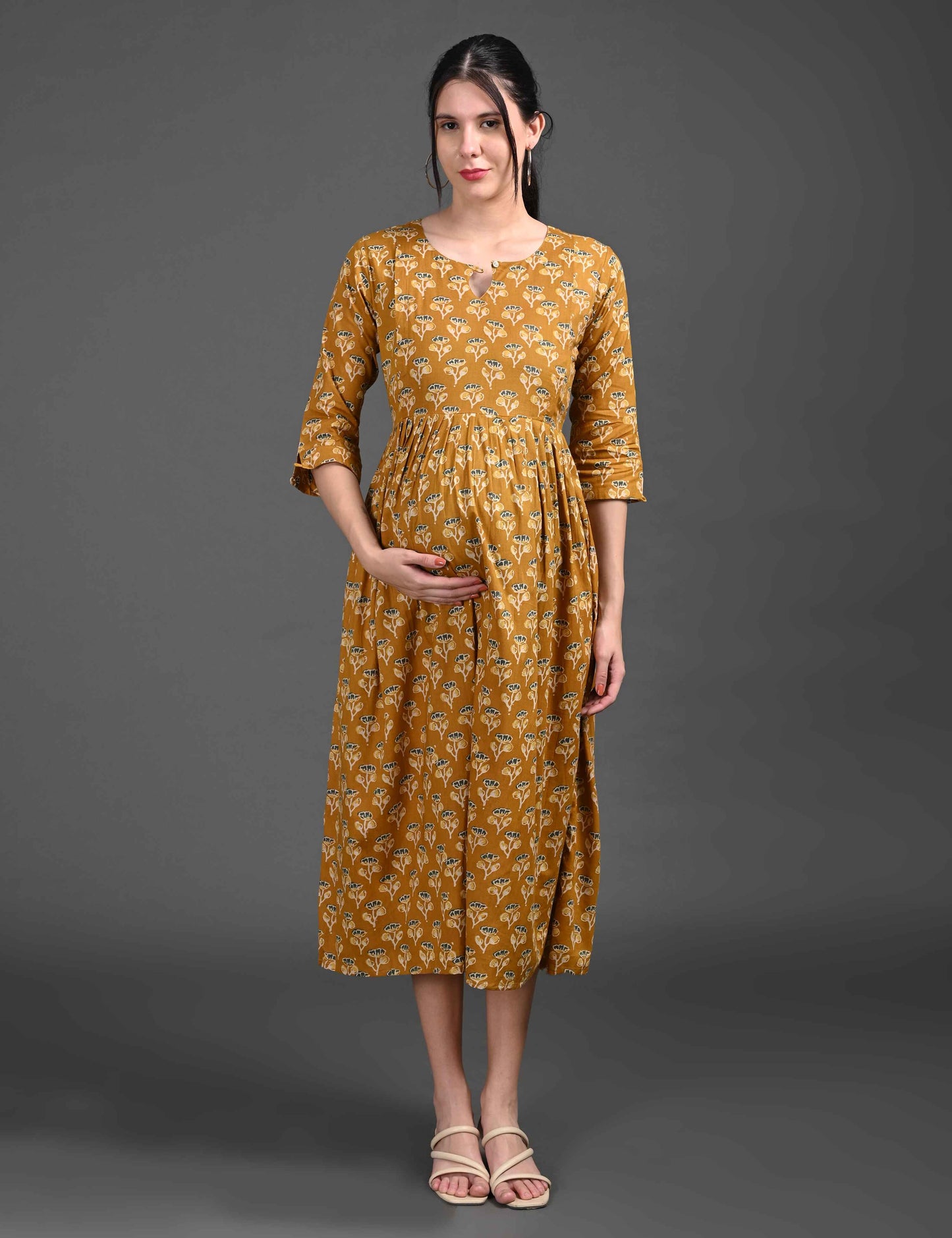 Mustard-Colored Maternity 3/4th Gown