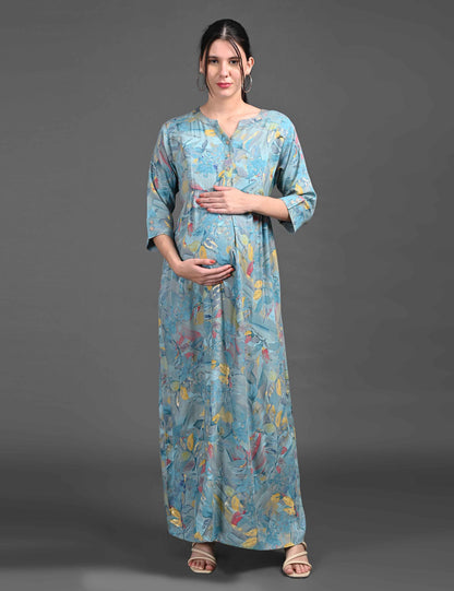 Womens Printed Maternity Long Gown - Grey