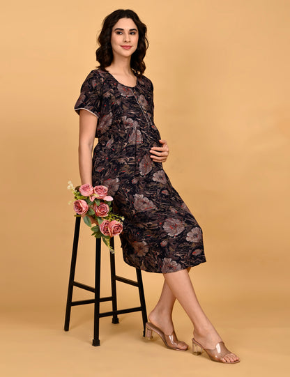 Navy Blue-Colored Maternity 3/4th Gown