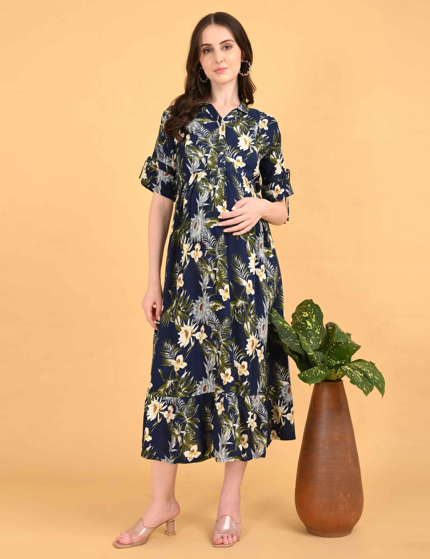 Navy Blue-Colored Maternity 3/4th Gown