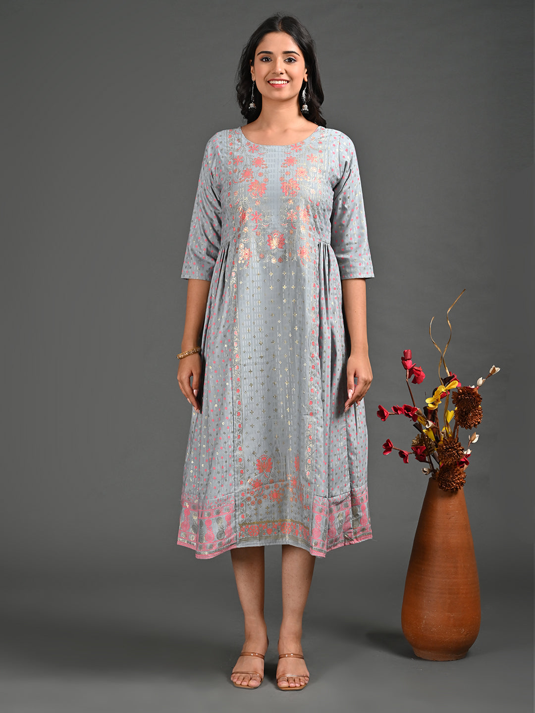 Womens Grey-Colored A-Line Kurta