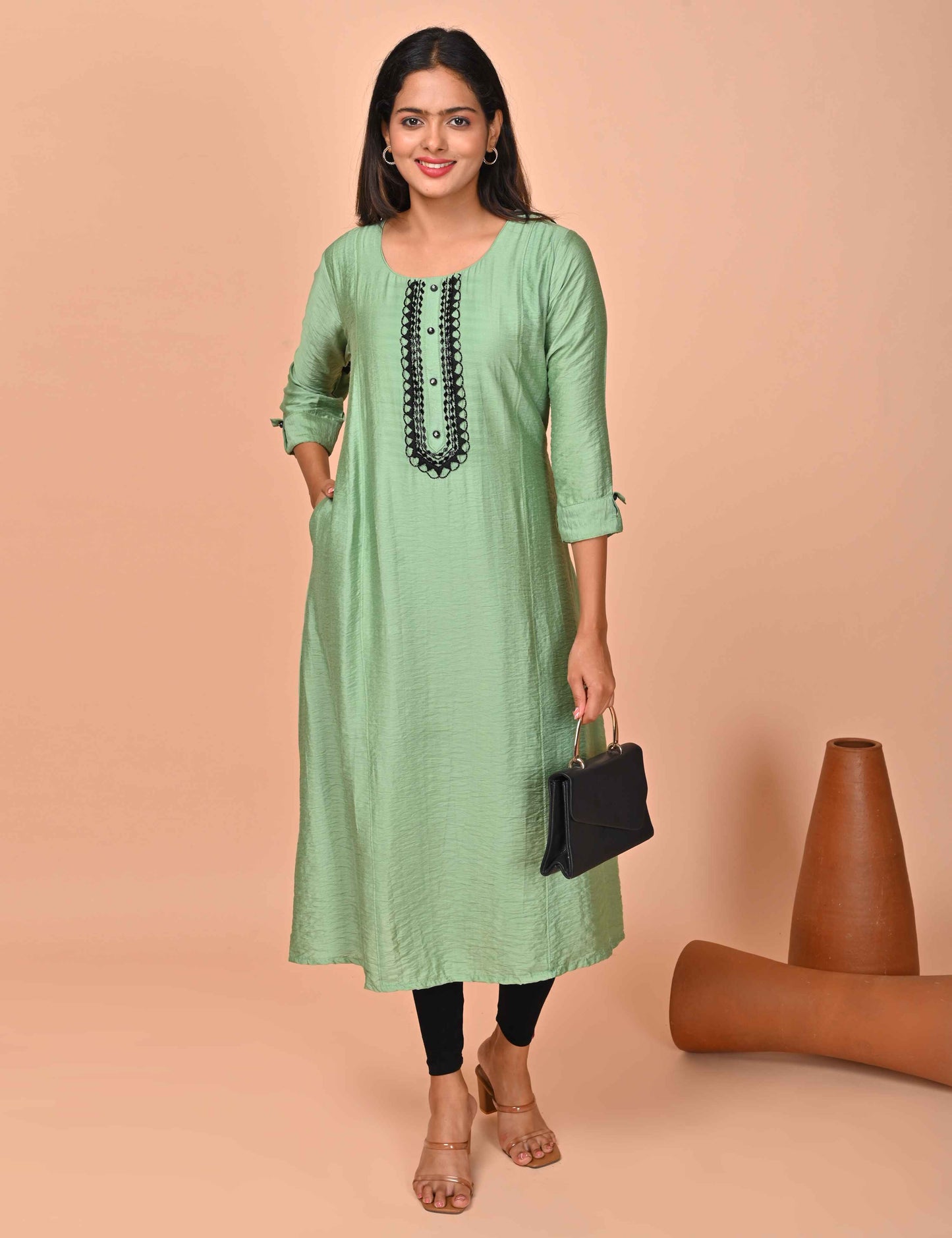 Womens Olive-Colored A-Line Kurta