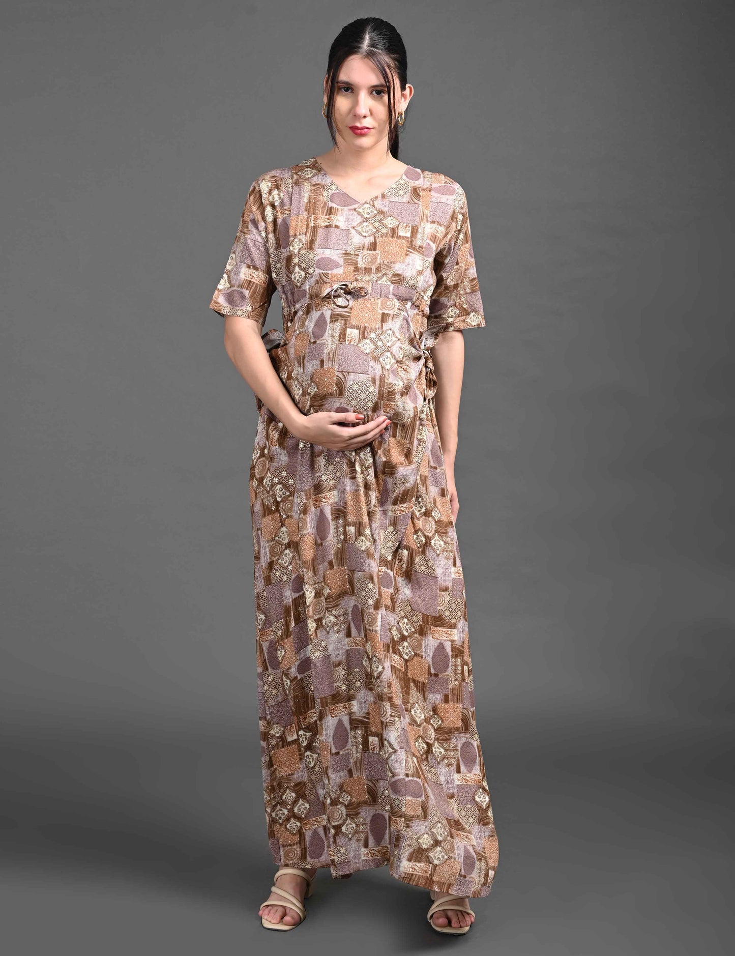 Womens Printed Maternity Long Gown - Brown