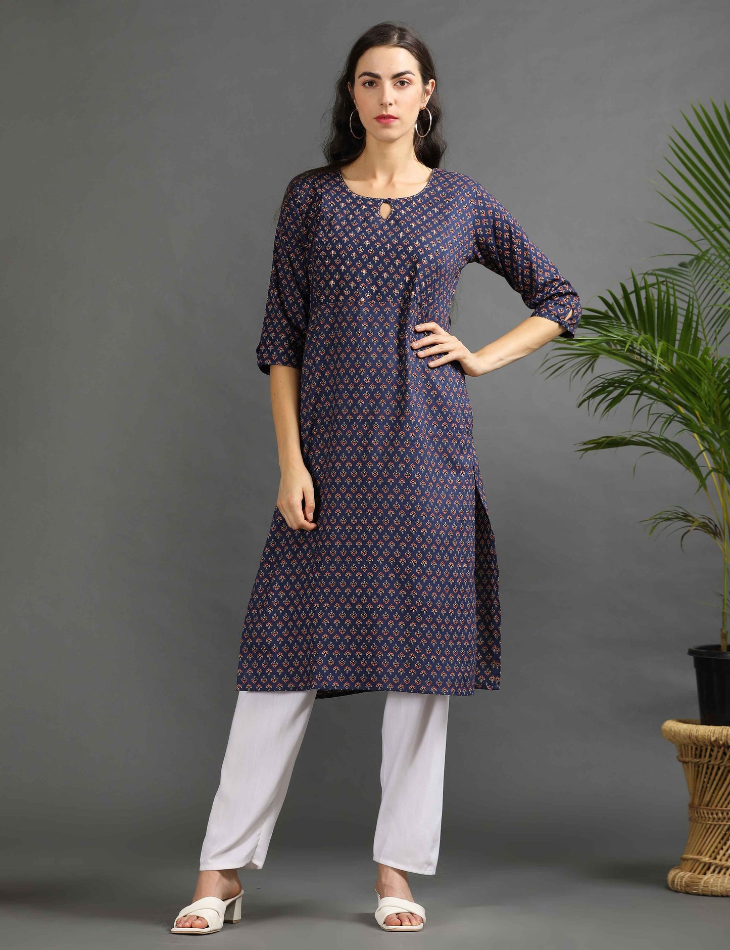 Womens Navy-Colored Printed Feeding Kurta