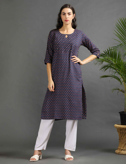 Womens Navy-Colored Printed Feeding Kurta