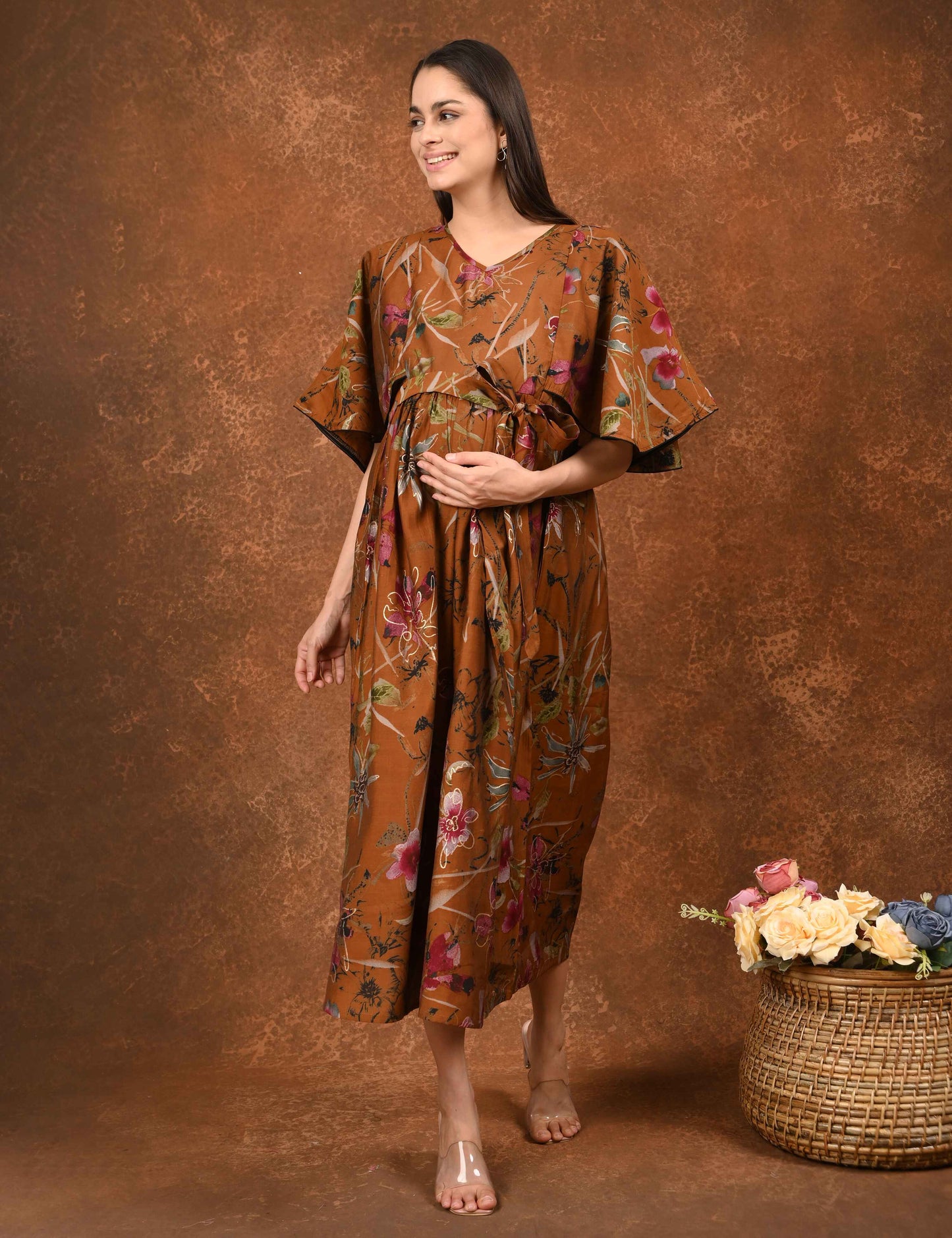 Mustard-Colored Maternity 3/4th Gown