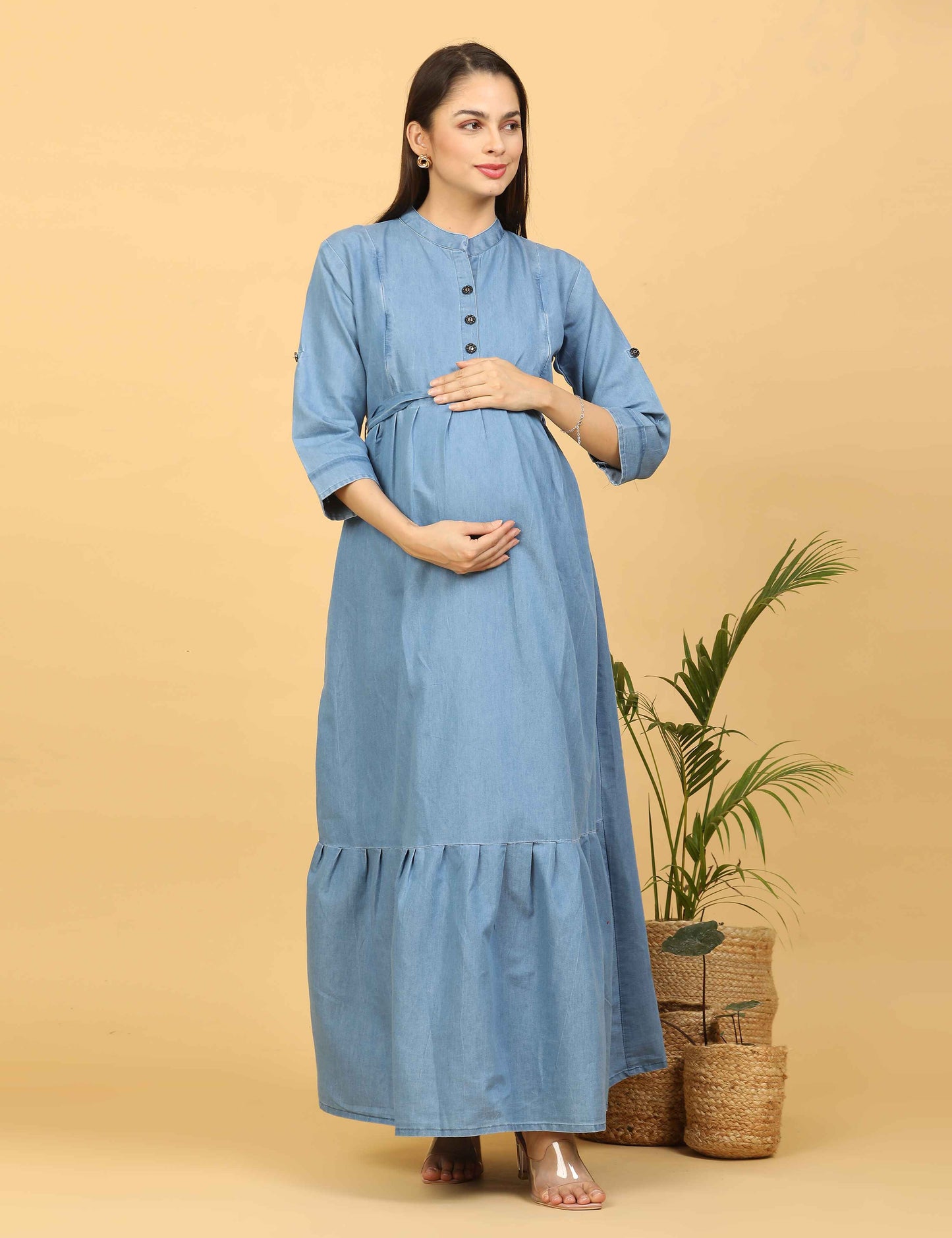 Womens Denim Maternity Long Gown - L.Blue