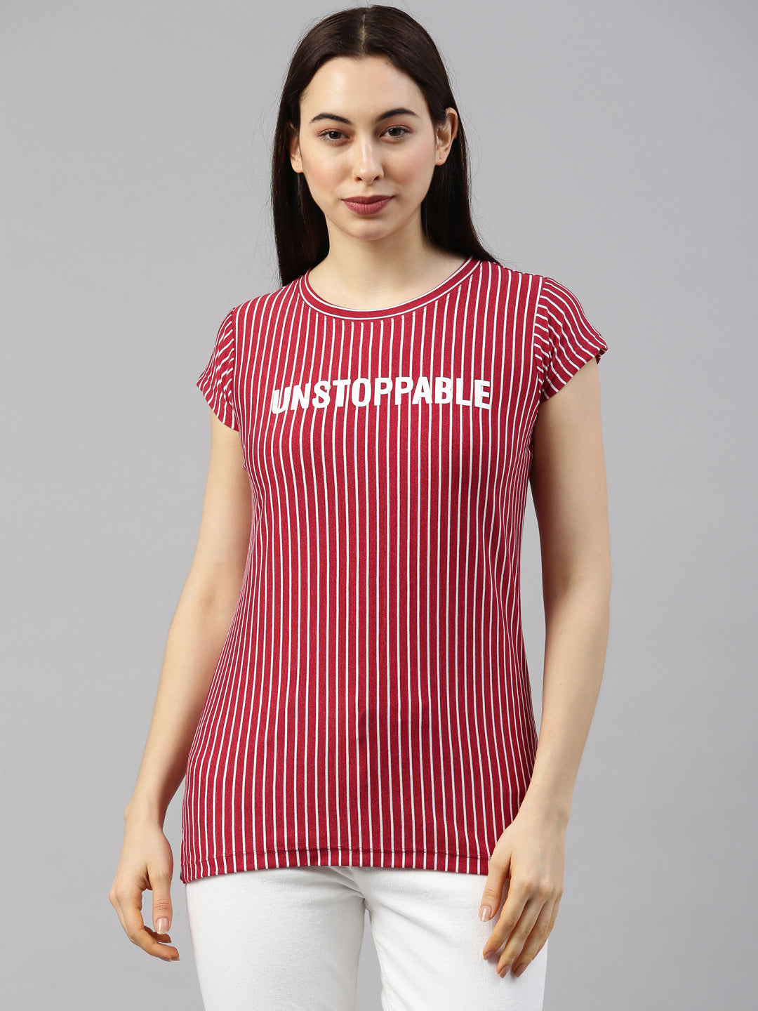 Womens Maroon Vertical Striped Tees