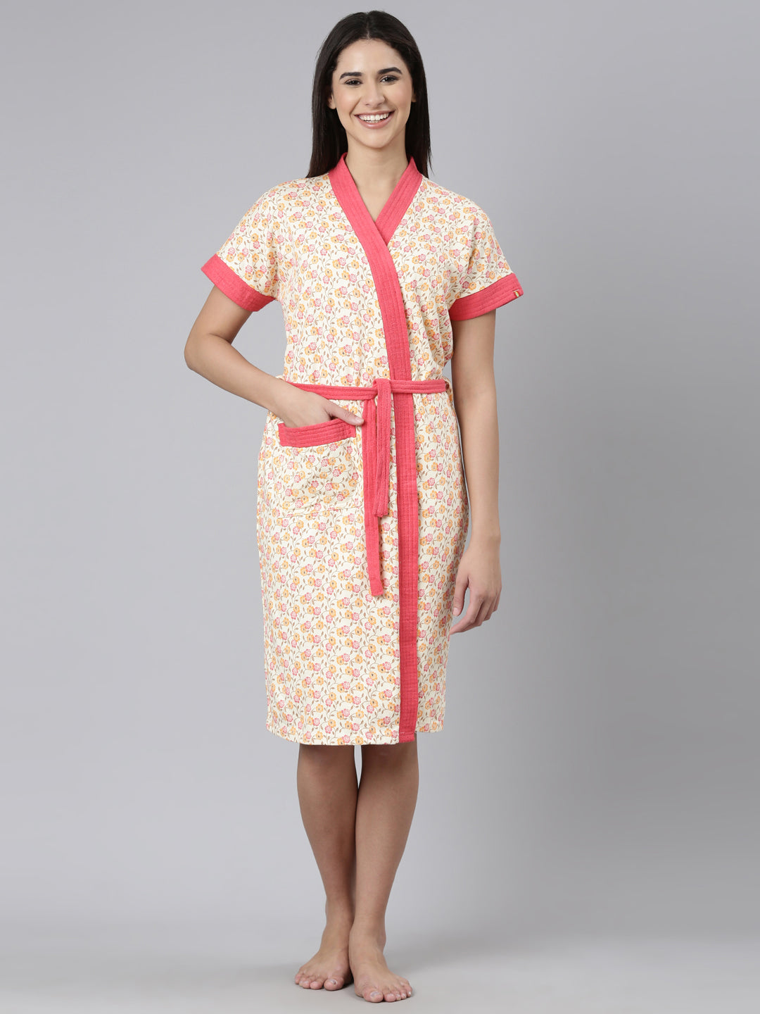 Womens Printed Bathrobe - Peach