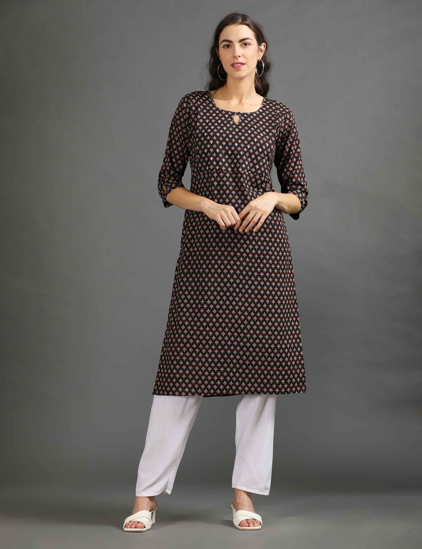 Womens Black-Colored Printed Feeding Kurta