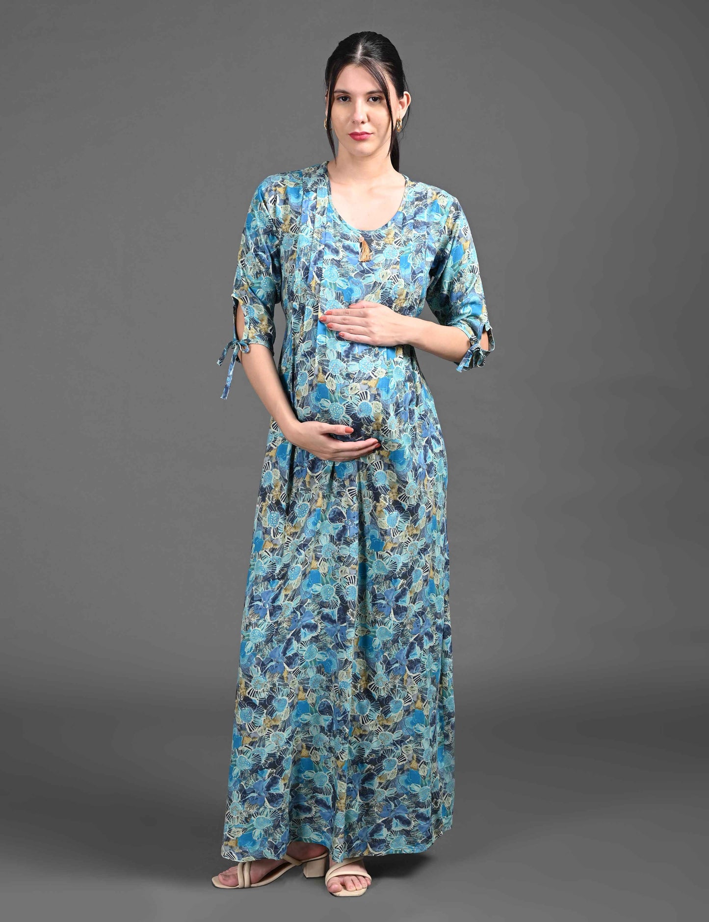 Womens Printed Maternity Long Gown - Blue