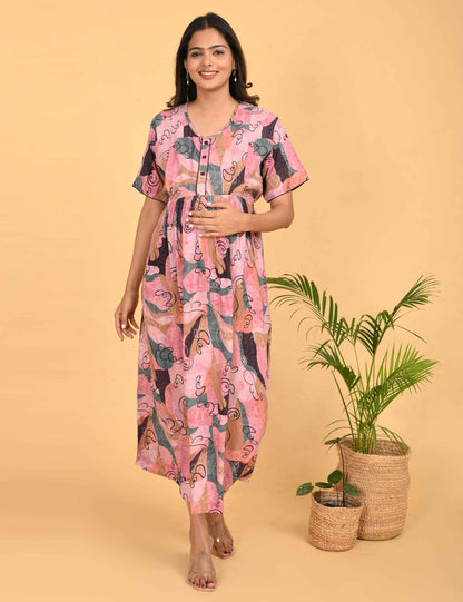 Pink-Colored Maternity 3/4th Gown