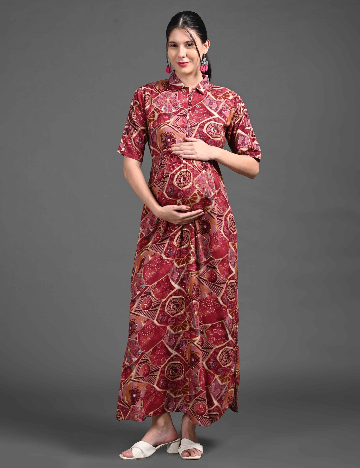 Womens Printed Maternity Long Gown - Red