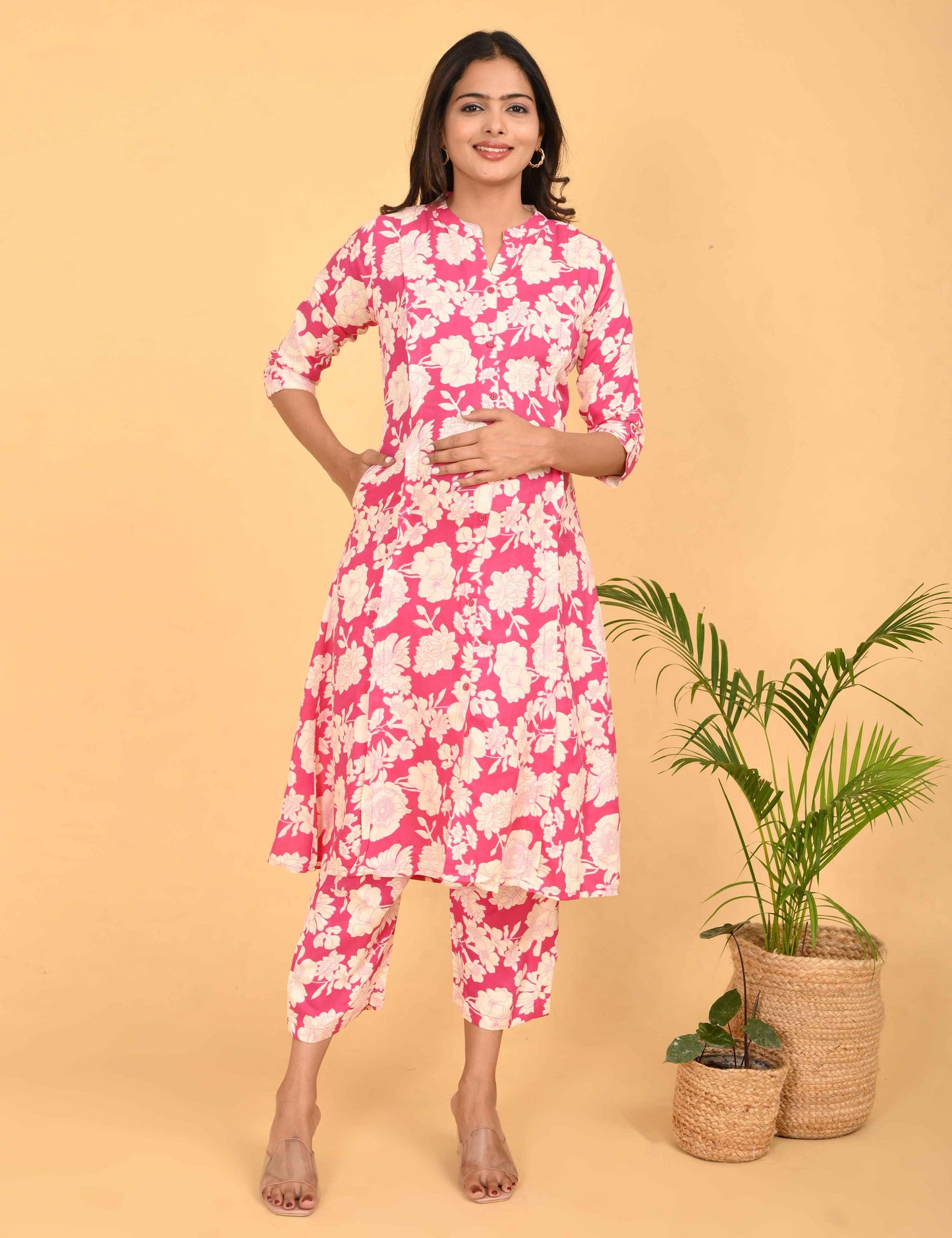 Womens Maternity Kurti Pant Set - Fuchsia