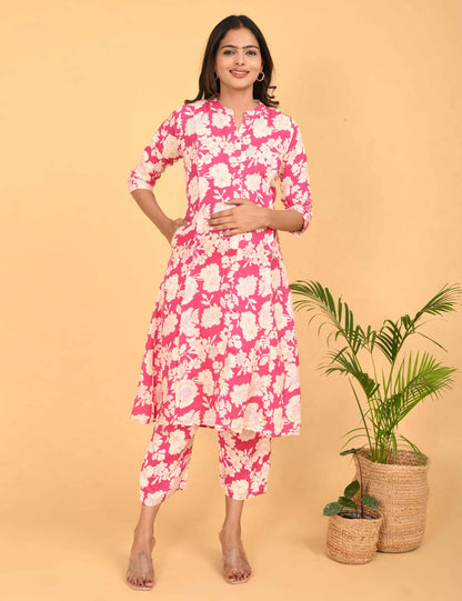 Womens Maternity Kurti Pant Set - Fuchsia