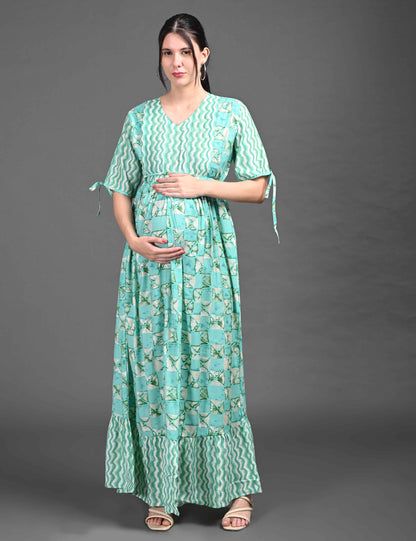 Womens Printed Maternity Long Gown - S.Green