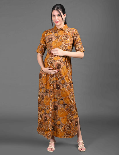 Womens Printed Maternity Long Gown - Mustard