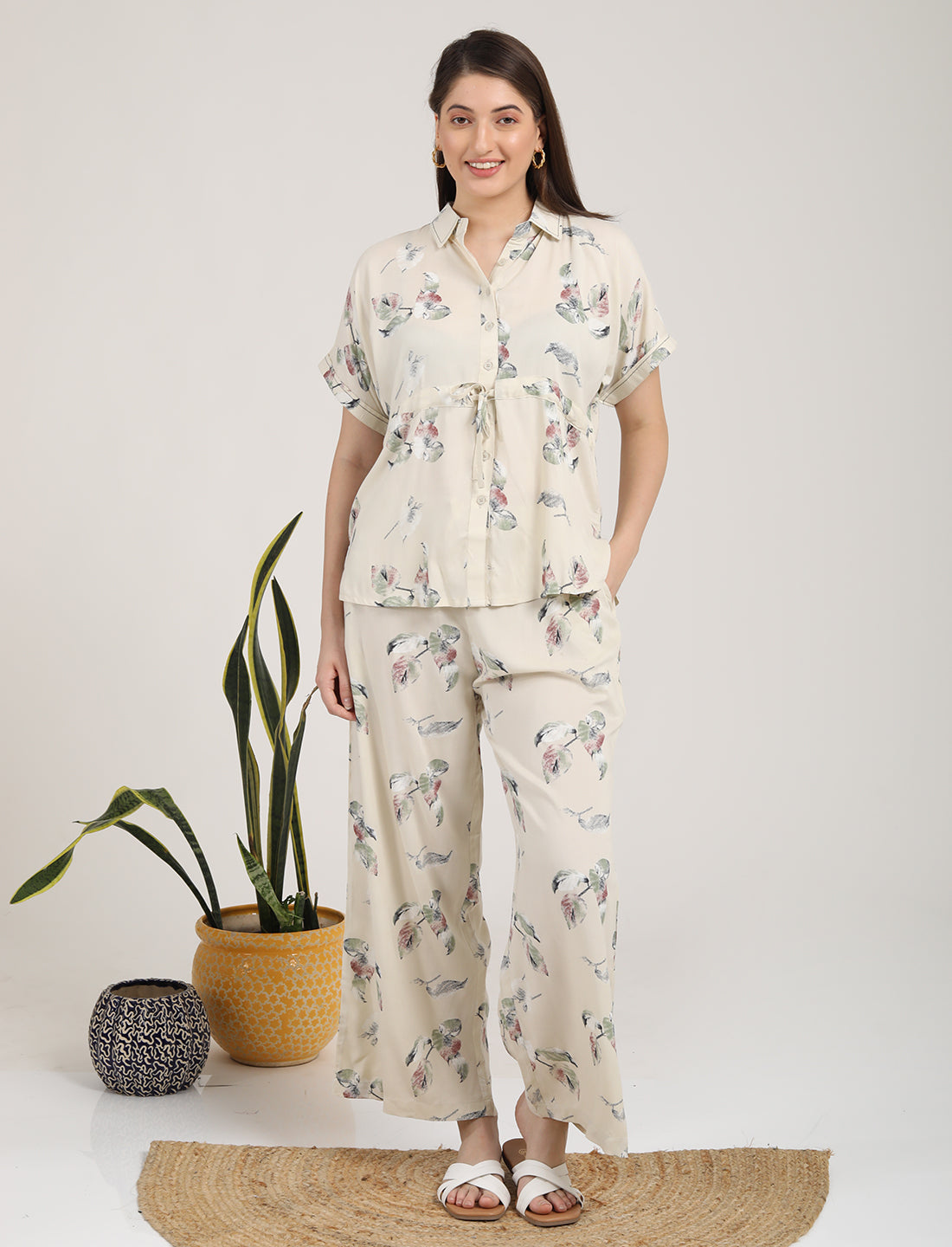 Womens Printed Co Ord Set - Cream