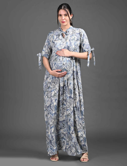 Womens Printed Maternity Long Gown - Grey