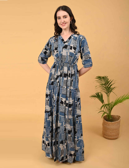 Womens Blue-Colored Premium Flare Gown