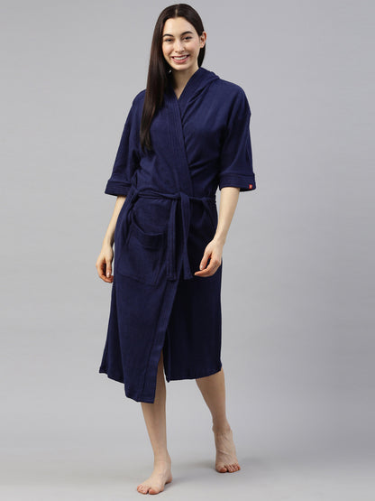 Womens Hooded Bathrobe - Navy Blue