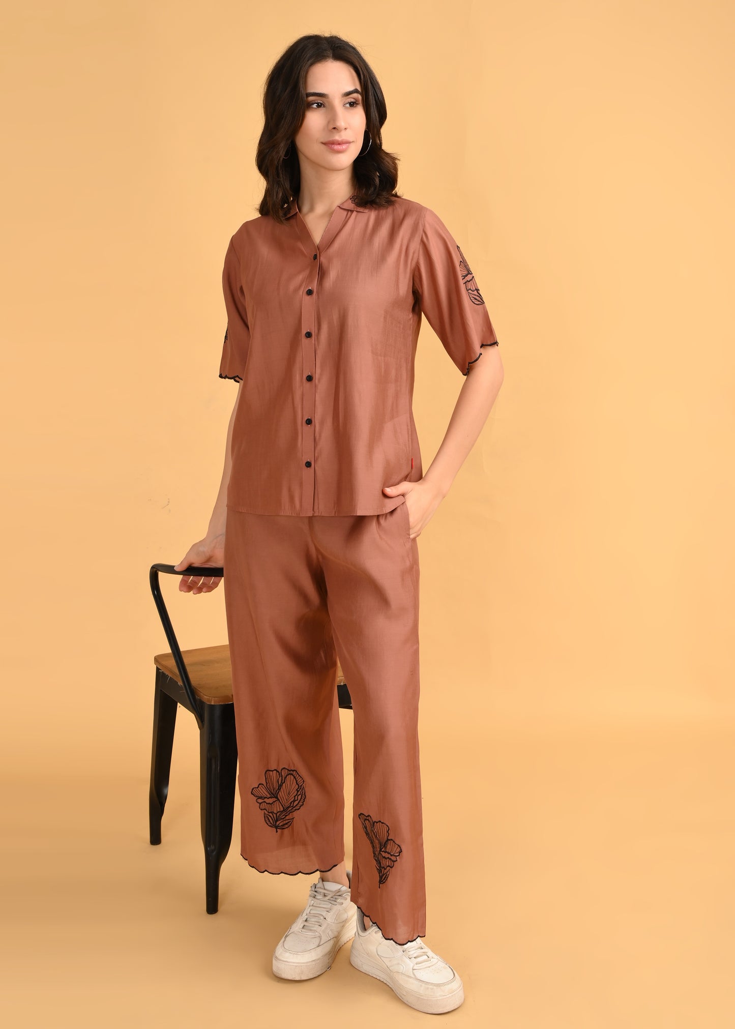 Brown-Colored Embroidered Co Ord Set