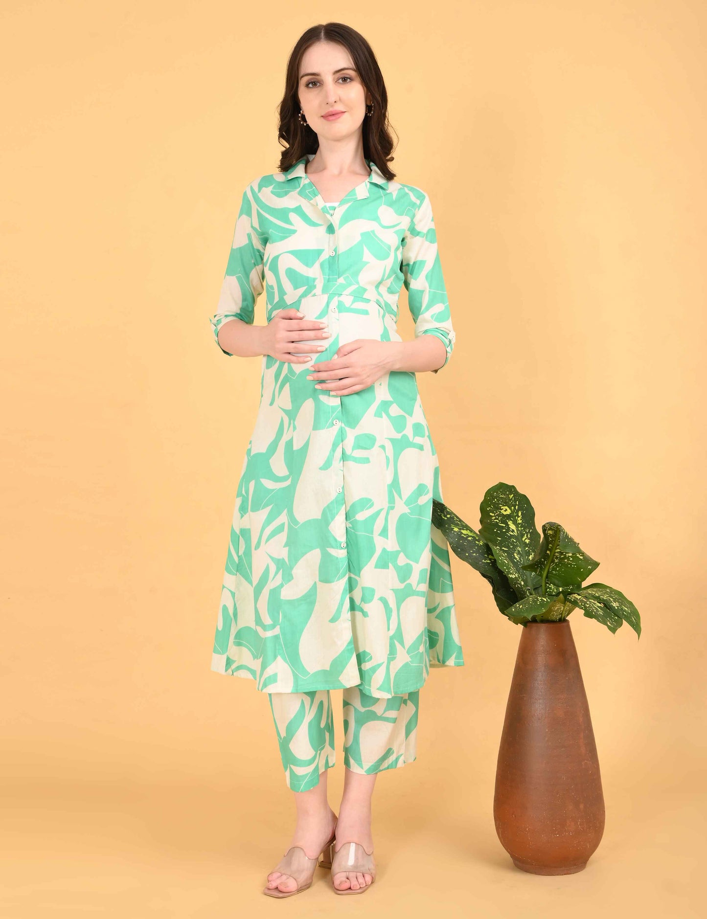 Womens Maternity Kurti Pant Set - L Green
