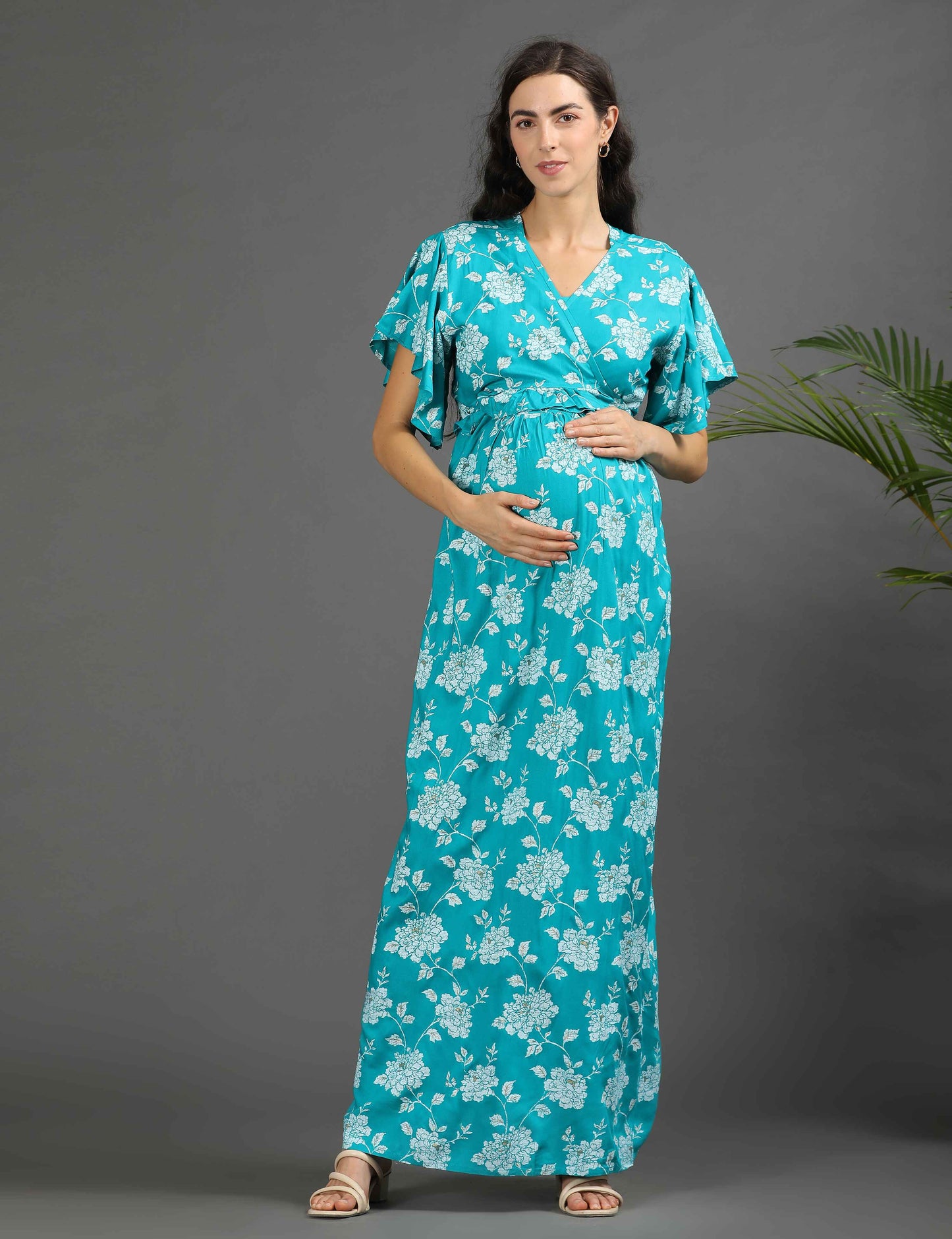 Sea Green-Colored Maternity Long Gown