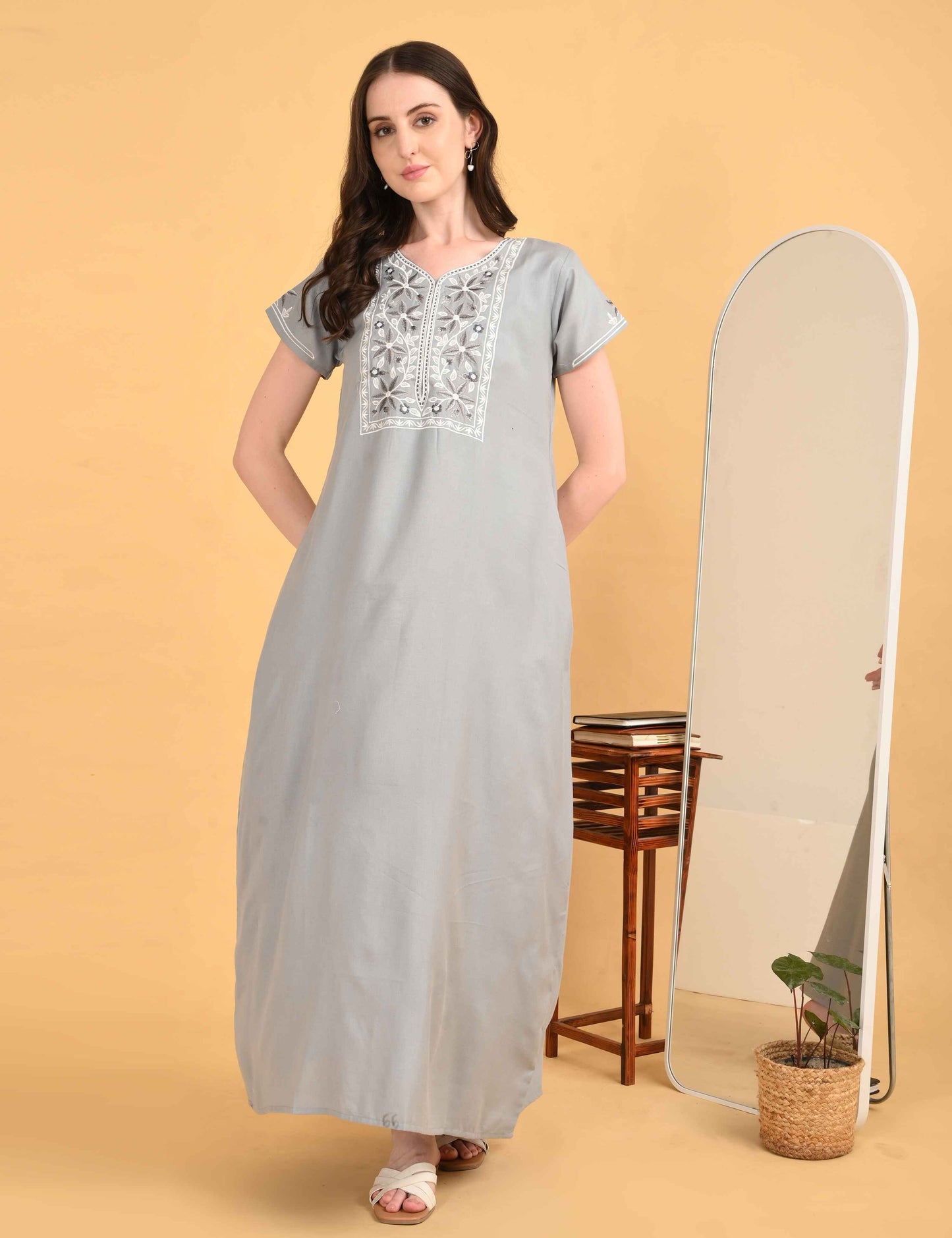 Womens Embroidered A-Line Nightdress - Grey