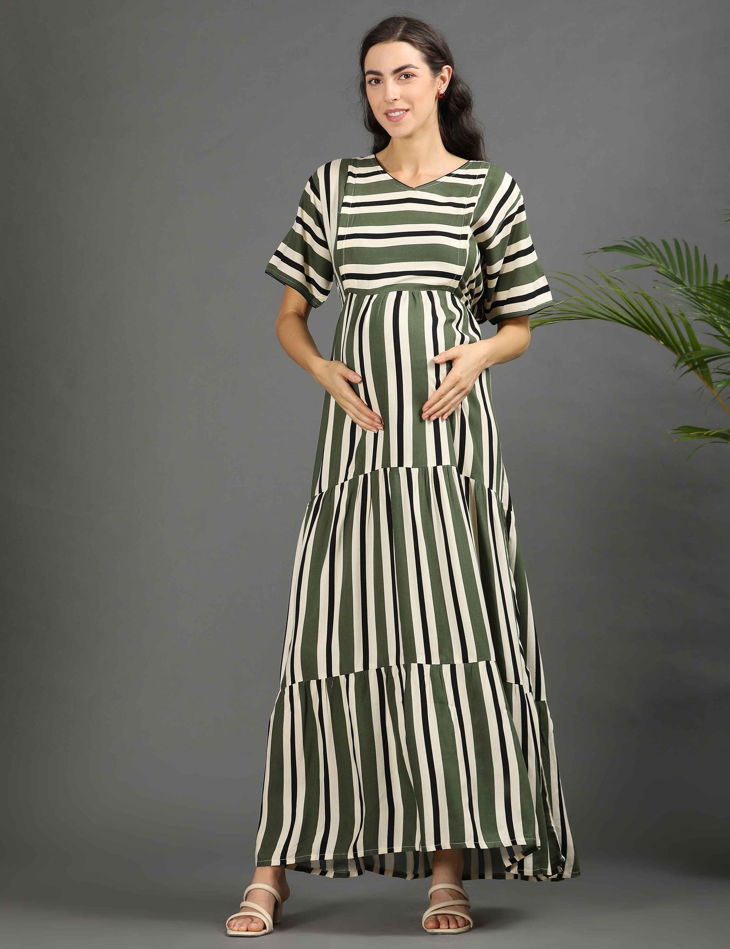 L Green-Colored Maternity Long Gown