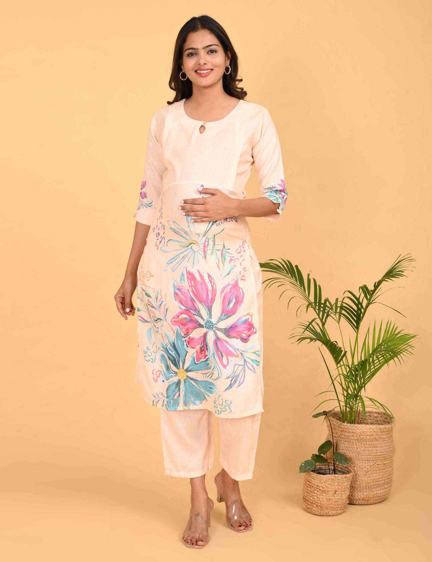 Womens Maternity Kurti Pant Set - Cream