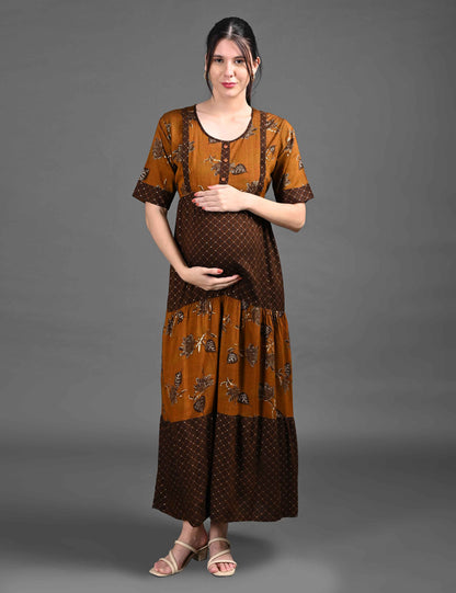 Brown-Colored Maternity Long Gown