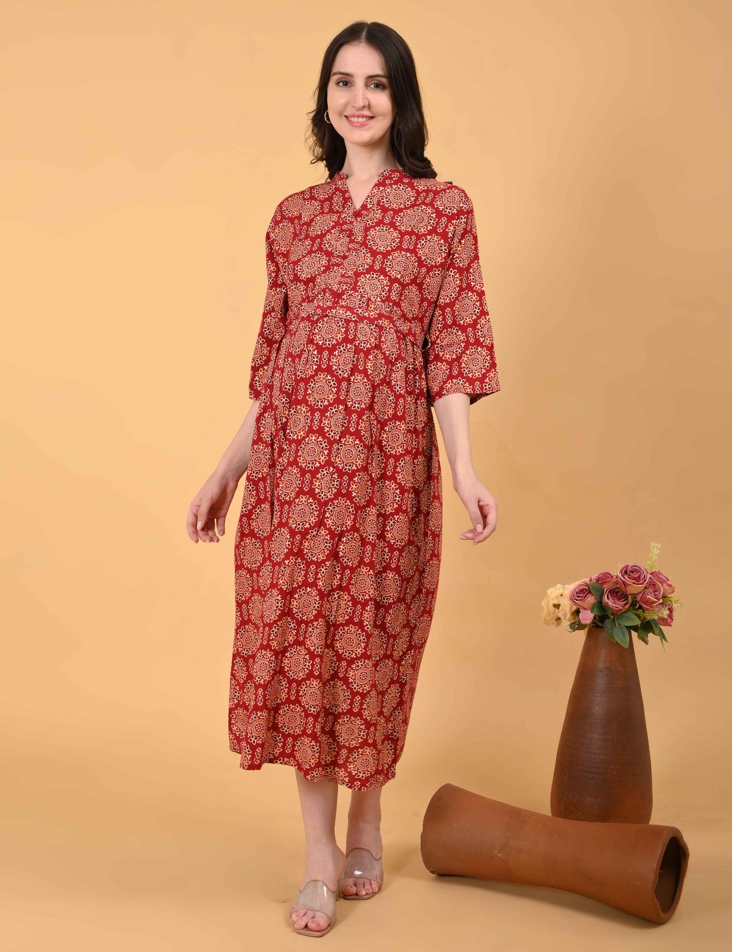 Rust-Colored Maternity 3/4th Gown