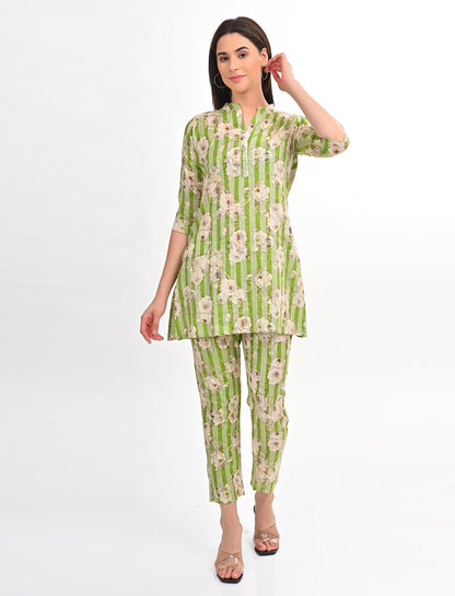 Green-Colored Printed Long Top Co Ord Set