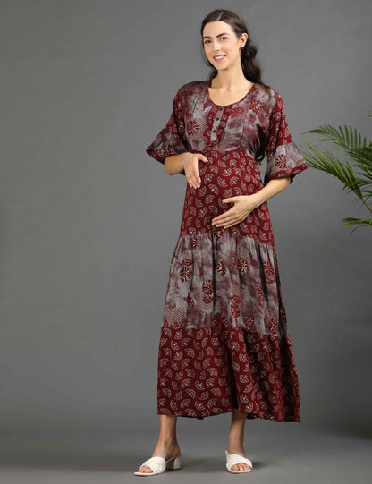 Maroon-Colored Maternity Long Gown