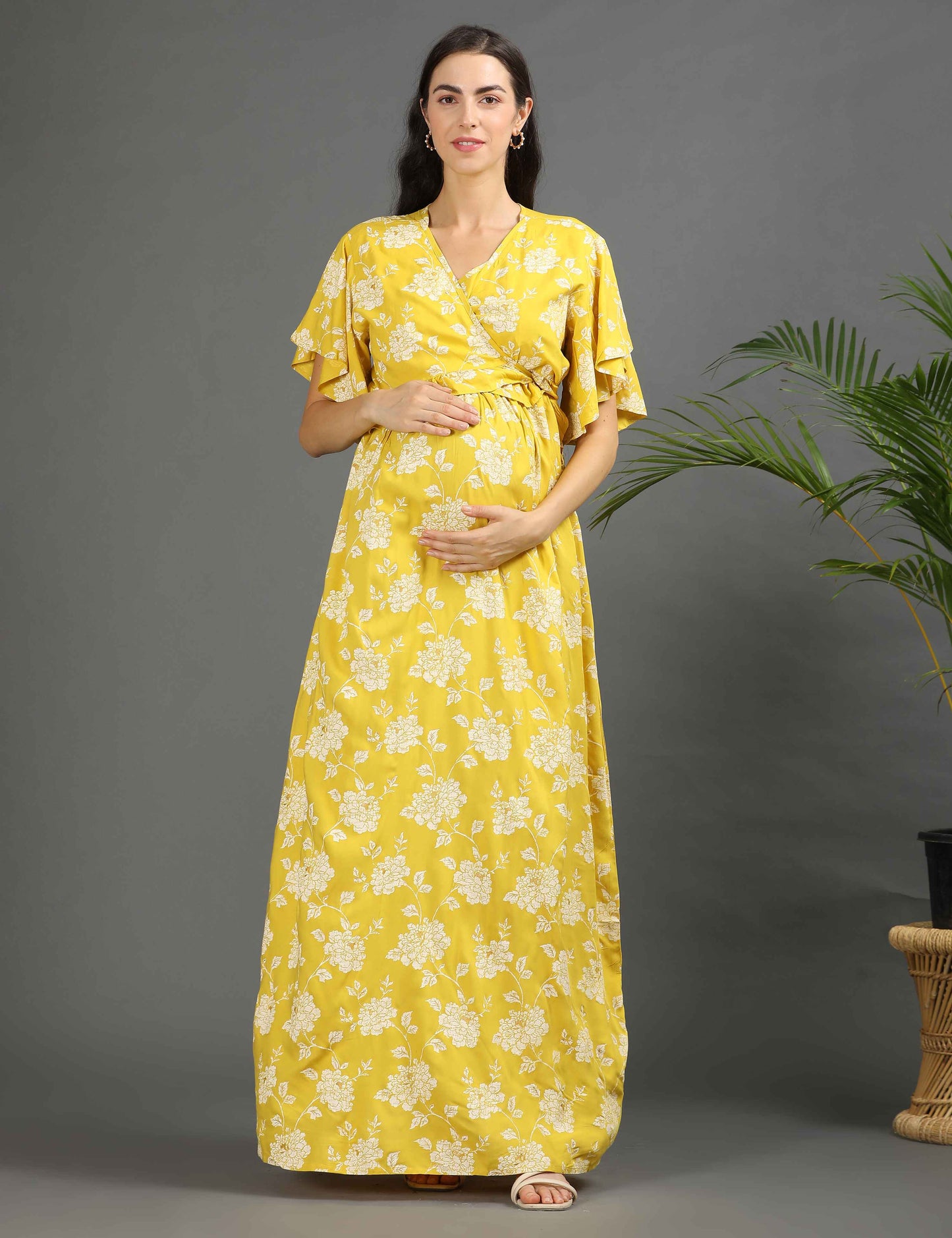 Yellow-Colored Maternity Long Gown