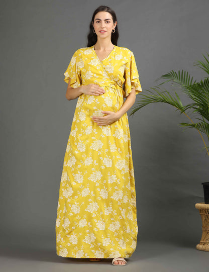 Yellow-Colored Maternity Long Gown