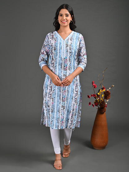 Womens Skyblue-Colored Straight Kurta