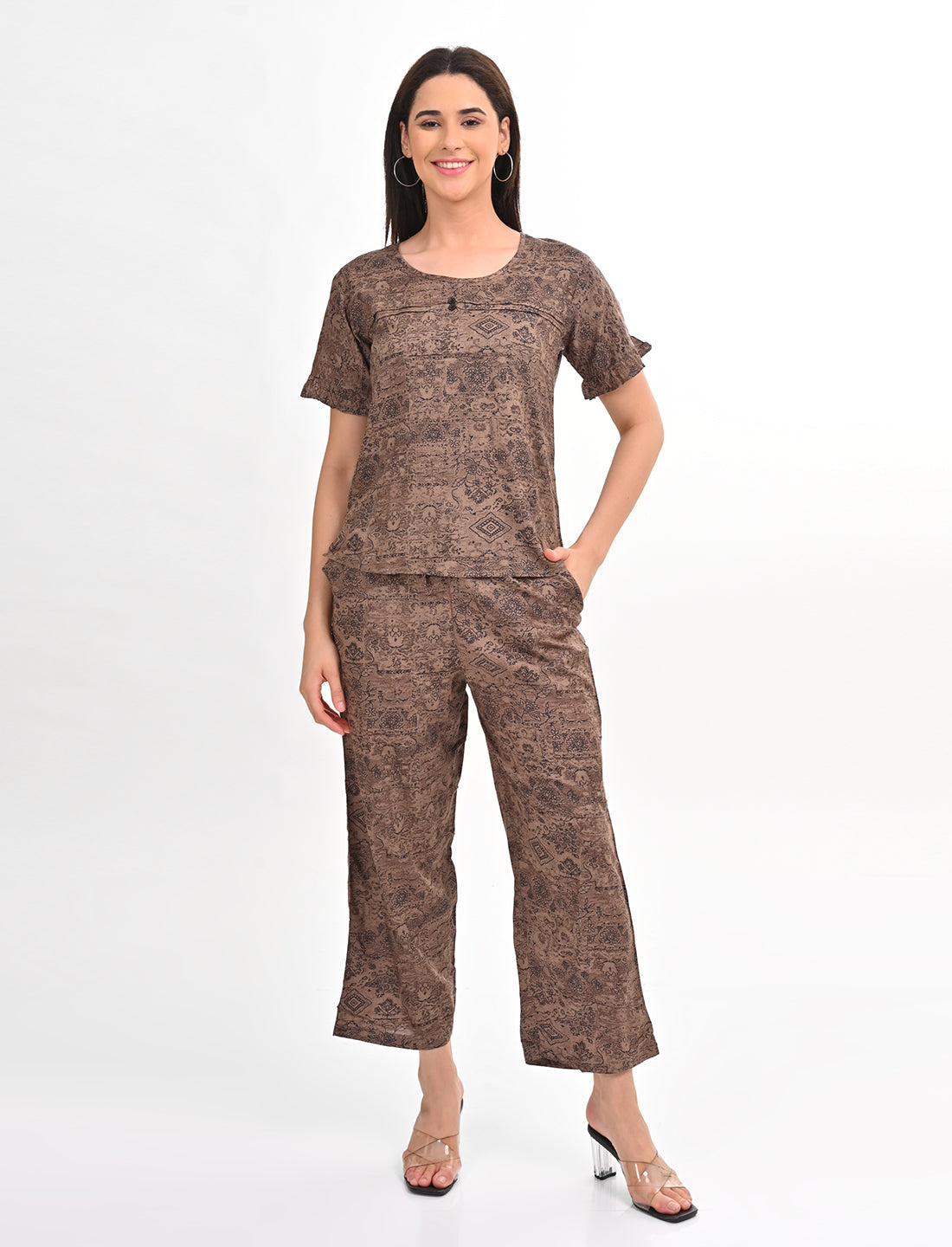 Womens Printed Co Ord Set - Brown