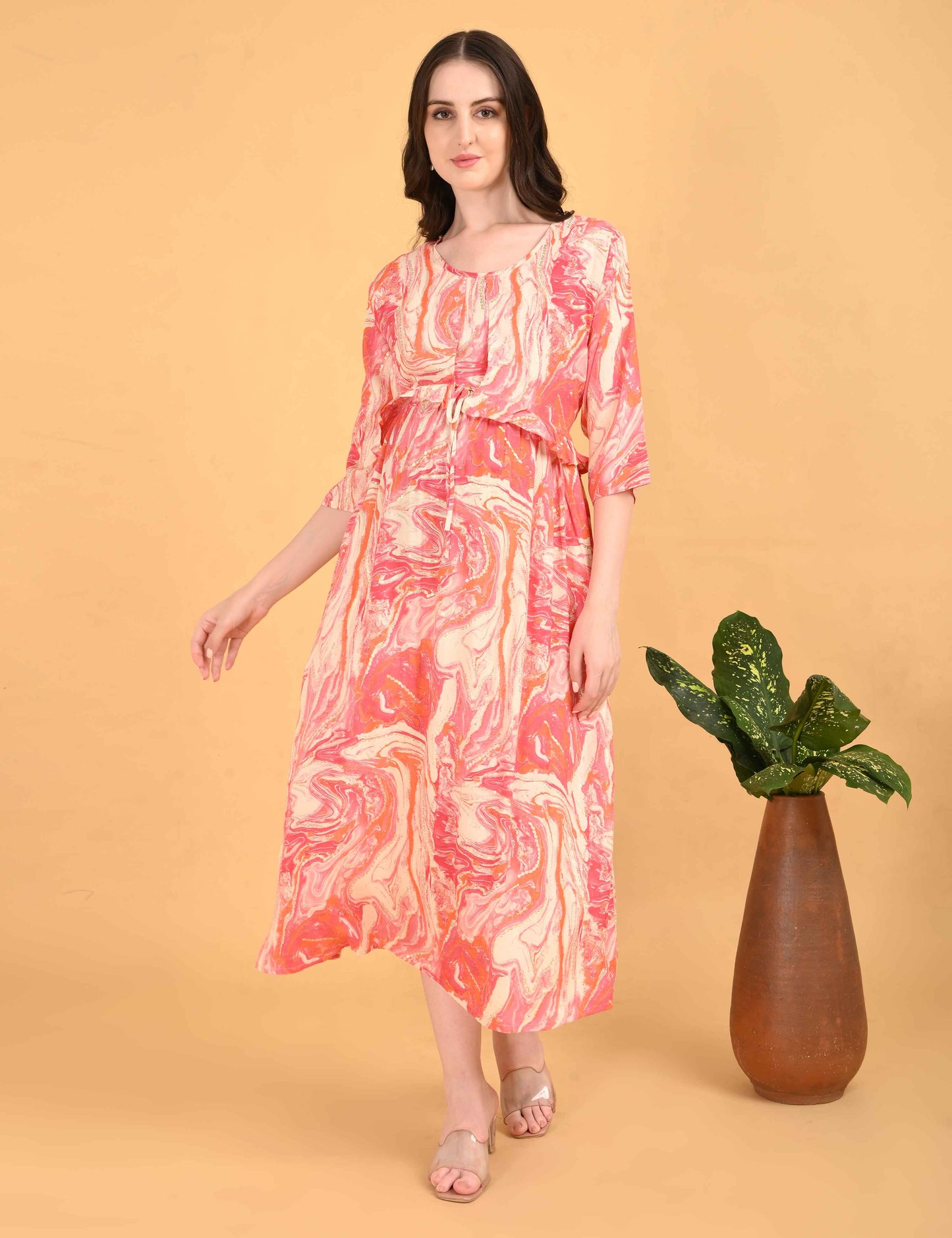 Peach-Colored Maternity 3/4th Gown