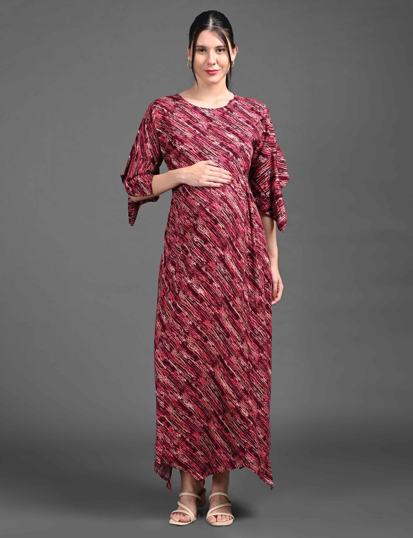 Womens Printed Maternity Long Gown - Maroon