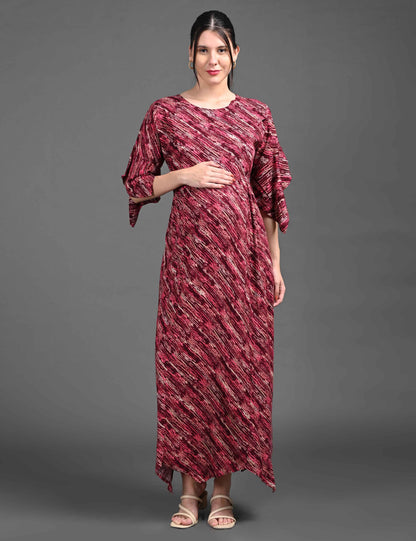 Womens Printed Maternity Long Gown - Maroon