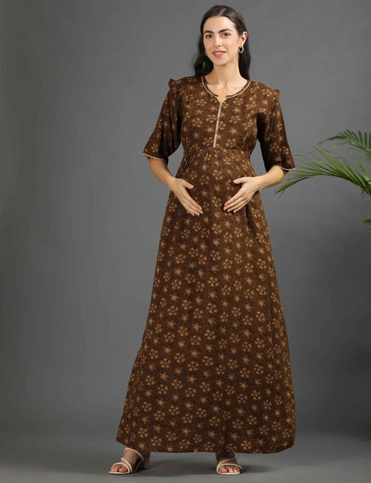 Khaki-Colored Maternity Long Gown