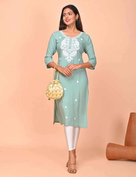 Womens Green-Colored Straight Kurta