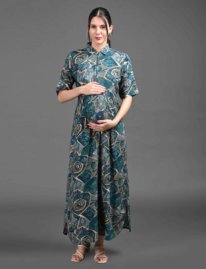 Womens Printed Maternity Long Gown - Indigo