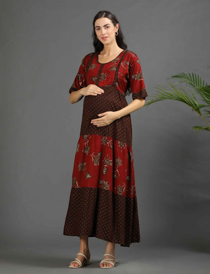 Maroon-Colored Maternity Long Gown