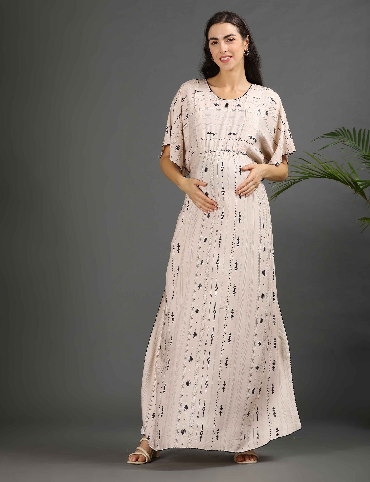 Cream-Colored Maternity Kaftan Long Gown