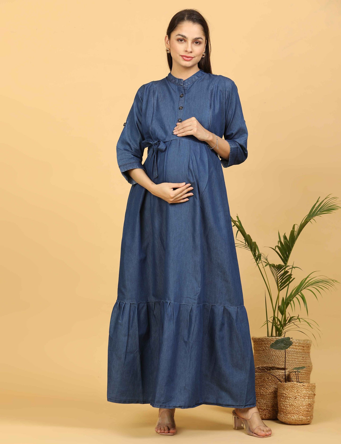 Womens Denim Maternity Long Gown - Blue