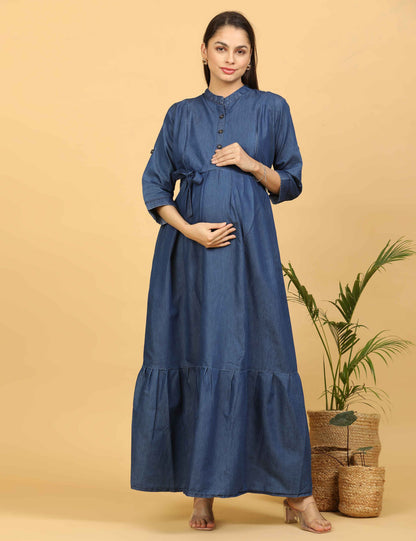 Womens Denim Maternity Long Gown - Blue